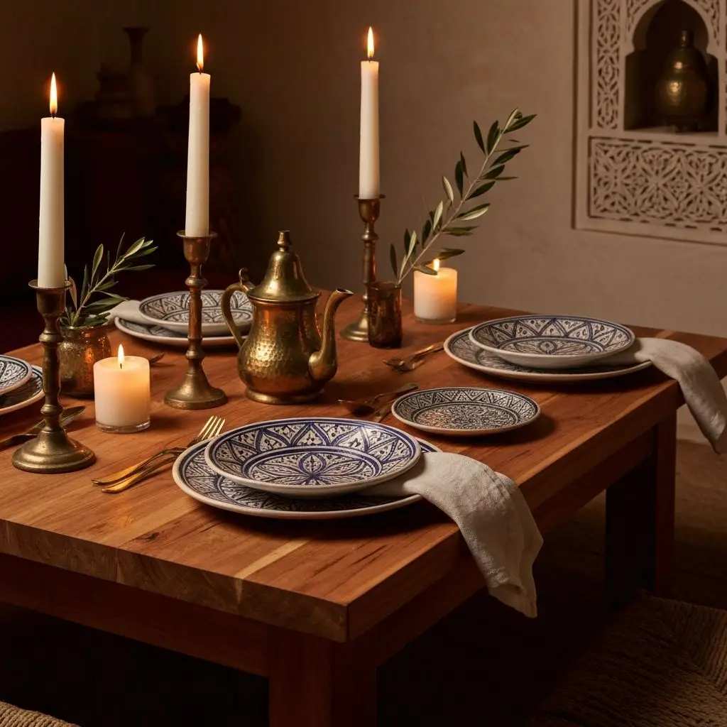 A warm Moroccan dining setting with shared dishes on the table